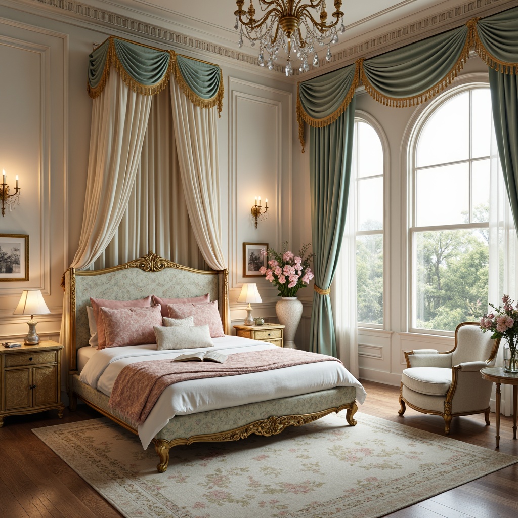 Prompt: Luxurious boudoir, soft pastel hues, delicate florals, ornate gold accents, velvet fabrics, intricate patterns, Rococo-style furniture, curved lines, opulent chandeliers, crystal drops, lavish drapery, rich textiles, creamy whites, pale pinks, baby blues, mint greens, warm beiges, soft peach tones, subtle sheens, elegant proportions, refined details, sophisticated ambiance, warm candlelight, shallow depth of field, 1/2 composition, realistic reflections.