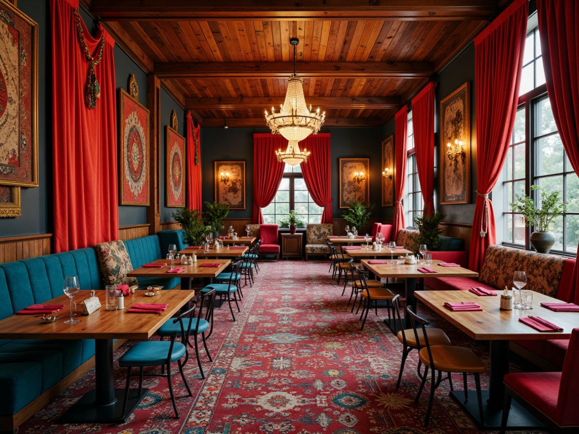 Prompt: Vibrant eclectic dining hall, rich textiles, plush velvet drapes, Moroccan-inspired tapestries, bold geometric patterns, colorful kilim rugs, distressed wooden tables, ornate metal chairs, luxurious crystal chandeliers, warm candlelight, soft ambient glow, 3/4 composition, shallow depth of field, realistic textures, ambient occlusion.