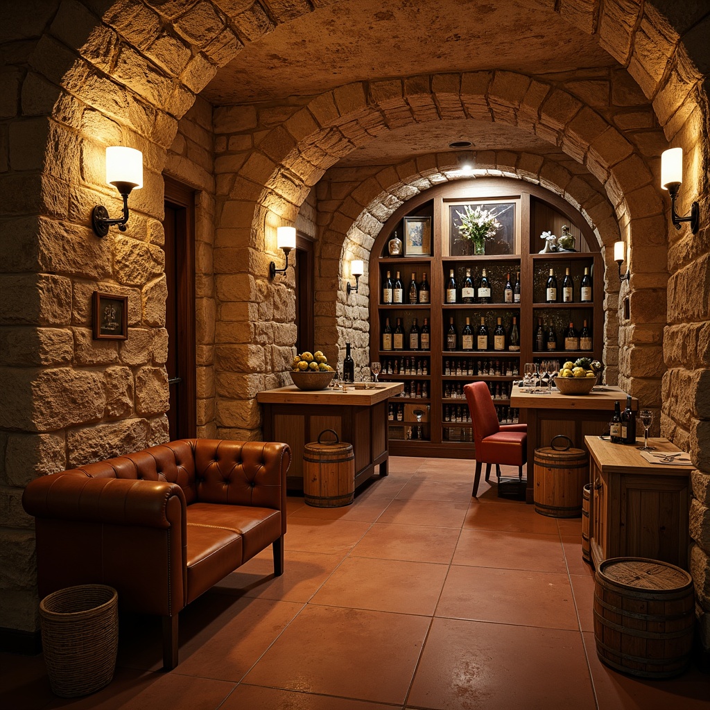 Prompt: Earthy wine cellar, natural stone walls, reclaimed wood shelving, rustic metal accents, warm dim lighting, rich leather furnishings, vintage wine barrels, classic wooden crates, earthy color palette, terracotta flooring, arched doorways, stone vaulted ceiling, cozy intimate atmosphere, soft warm glow, shallow depth of field, 1/1 composition, realistic textures, ambient occlusion.