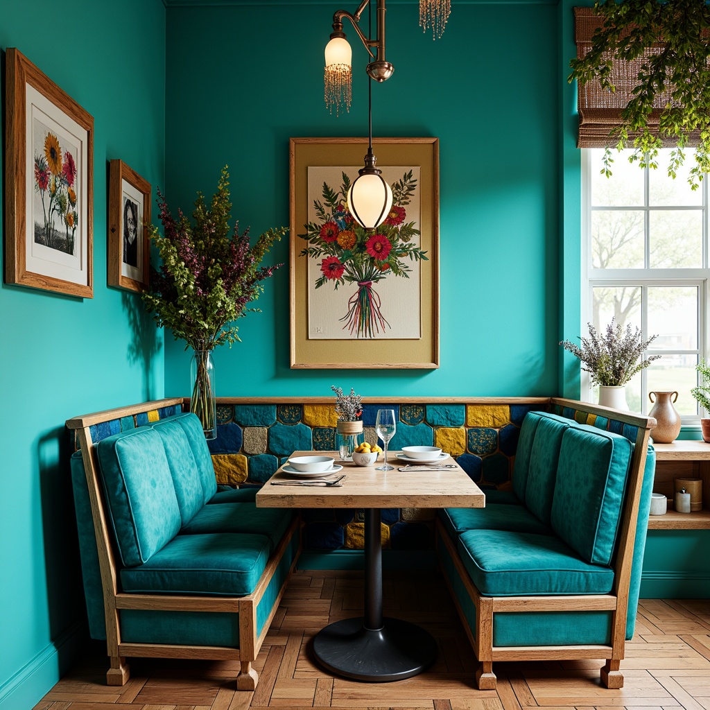 Prompt: Vibrant turquoise breakfast nook, curved lines, irregular shapes, playful patterns, bold colorful accents, eclectic mix of vintage and modern furniture pieces, distressed wood finishes, metallic frames, plush velvet upholstery, rounded edges, chunky legs, ornate decorations, whimsical lighting fixtures, pendant lamps, abstract artwork, lively floral arrangements, natural woven textiles, soft warm ambiance, intimate cozy setting, 1/1 composition, realistic reflections, ambient occlusion.