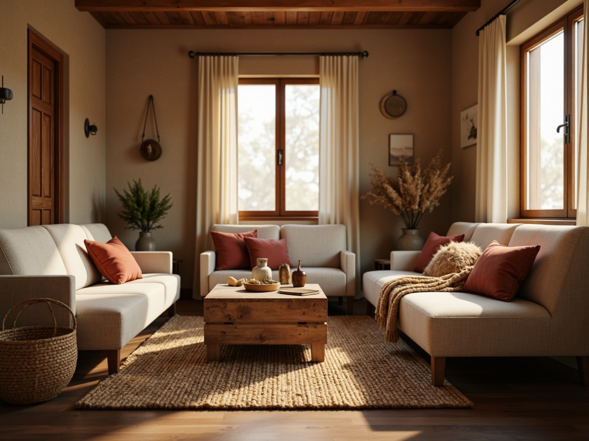 Prompt: Cozy living room, plush throw blankets, soft velvet pillows, warm beige walls, comfortable couches, rustic wooden accents, natural woven baskets, earthy tone rugs, warm golden lighting, shallow depth of field, 1/1 composition, intimate atmosphere, realistic textures, ambient occlusion.