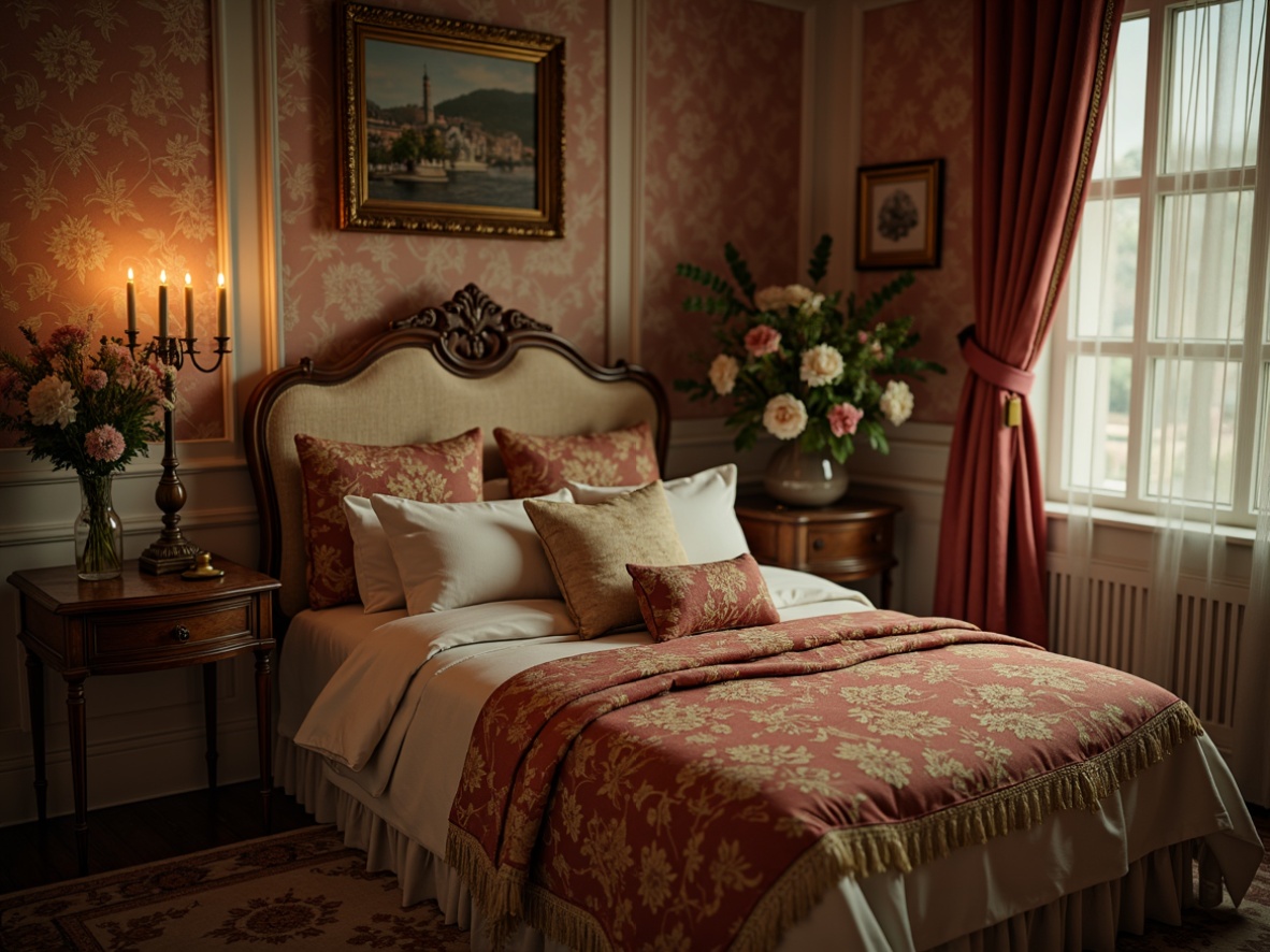 Prompt: Luxurious fabrics, ornate patterns, rich velvet textures, golden embroidery threads, soft pastel hues, delicate florals, intricate lace details, opulent tassels, lavish silk drapes, Baroque-inspired motifs, whimsical curved lines, dramatic folds, romantic era revival, indulgent comfort, warm candlelight, intimate boudoir setting, antique furniture pieces, distressed finishes, aged wood tones, mysterious atmosphere, cinematic lighting, shallow depth of field, 1/1 composition, realistic fabric simulations.