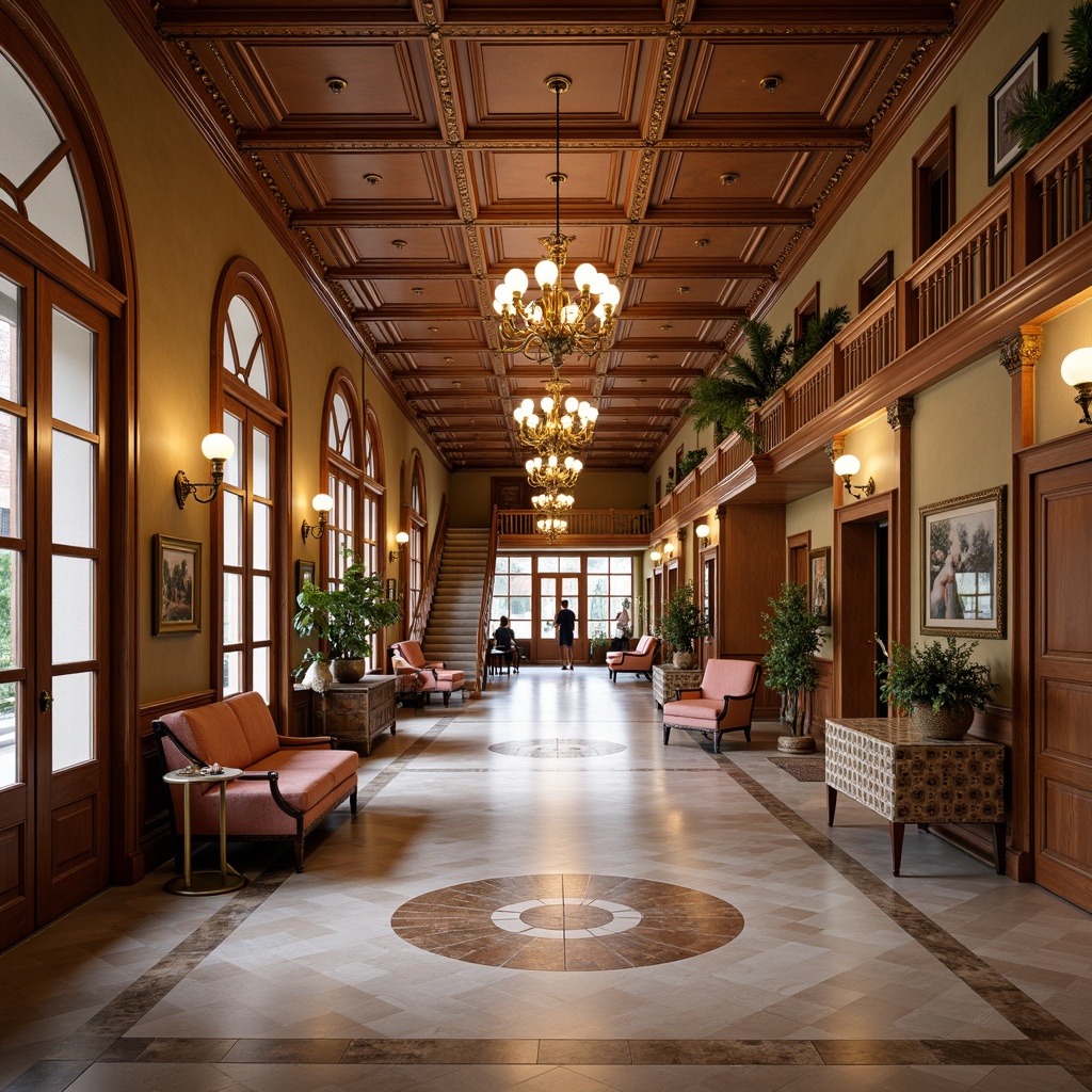 Prompt: Elegant Renaissance-style school hallway, ornate wooden paneling, polished marble floors, grand chandeliers, high ceilings, intricate moldings, warm beige walls, rich wood tones, comfortable seating areas, luxurious fabrics, ornamental railings, majestic staircases, refined bronze fixtures, sophisticated lighting designs, dramatic archways, lavish furnishings, vintage-inspired decorative accents, soft warm color palette, shallow depth of field, 1/1 composition, realistic textures, ambient occlusion.