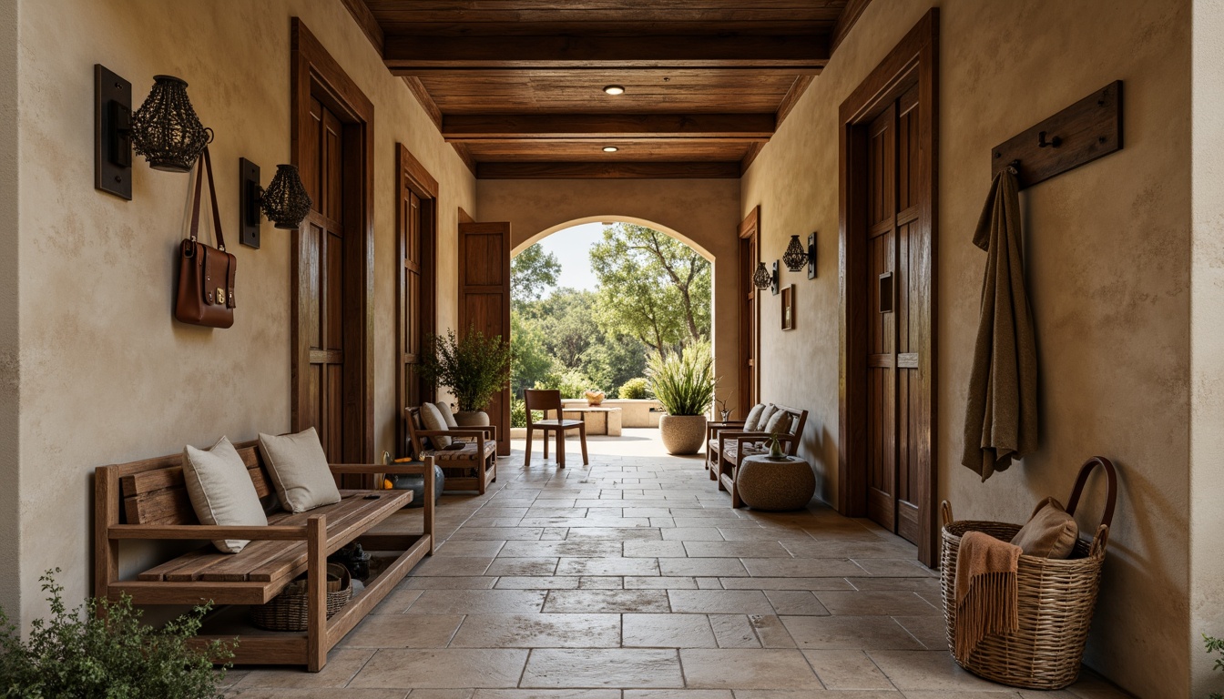 Prompt: Rustic mudroom, earthy tones, natural materials, wooden accents, stone flooring, warm beige walls, rich brown furniture, vintage metal decorations, distressed leather accessories, woven baskets, organic textures, soft warm lighting, 1/1 composition, shallow depth of field, realistic rendering, cozy atmosphere.