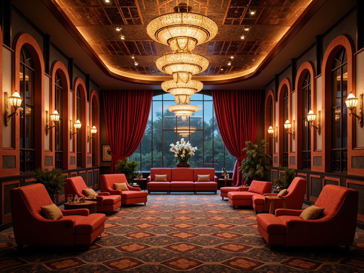 Prompt: Luxurious cinema interior, ornate decorations, metallic accents, velvet curtains, grand chandeliers, geometric patterns, opulent furniture, curved lines, rich fabrics, bold colors, retro-futuristic vibe, 1920s inspiration, glamorous ambiance, soft golden lighting, shallow depth of field, 1/1 composition, symmetrical framing, realistic textures, ambient occlusion.