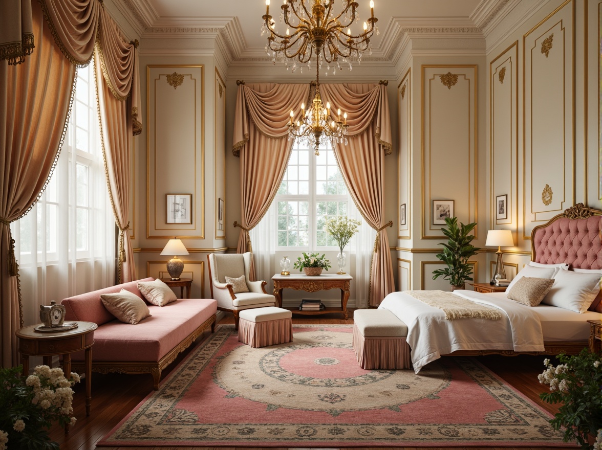 Prompt: Luxurious dormitory, ornate furnishings, soft pastel hues, pale gold accents, cream-colored walls, rich velvet fabrics, intricate wooden carvings, delicate lace trimmings, lavish crystal chandeliers, warm candlelight, inviting atmosphere, cozy reading nooks, plush area rugs, elegant tufted upholstery, sophisticated French Rococo style, vintage antique pieces, refined ornateness, subtle shimmering effects, golden ratio composition, dramatic high-contrast lighting.