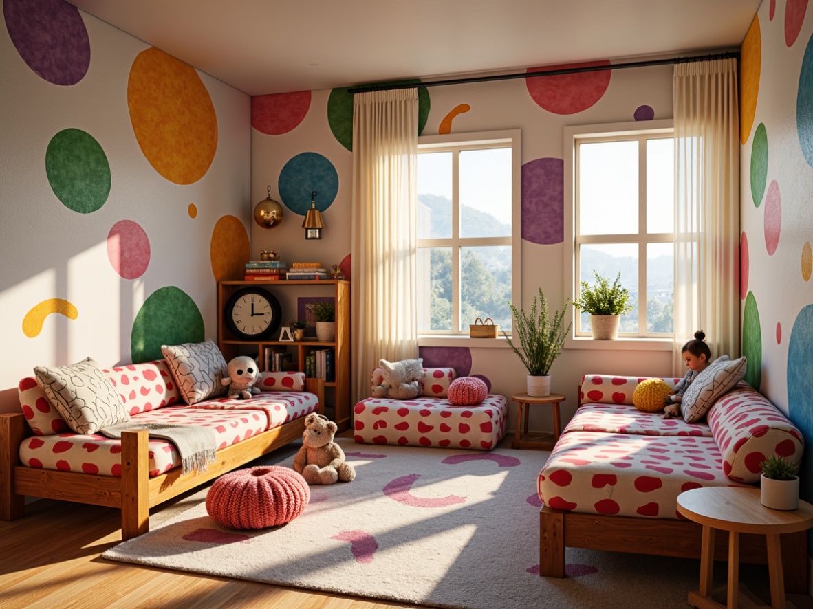 Prompt: Vibrant kids' bedroom, whimsical expressionist design, colorful polka dots, playful stripes, soft plush toys, cozy reading nook, fantastical wallpaper, bold brushstroke patterns, textured fabric materials, cotton candy-inspired hues, oversized furniture, irregular shapes, eclectic decorative accents, dreamy lighting effects, warm golden glow, shallow depth of field, 1/1 composition, intimate atmosphere, inviting textures.