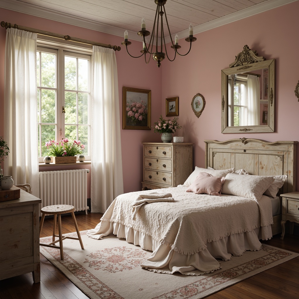 Prompt: Soft, feminine boudoir, distressed wood furniture, vintage decor, lace trimmings, pastel hues, muted pinks, blush tones, creamy whites, weathered finishes, ornate mirrors, floral patterns, ruffled fabrics, delicate china, antique accessories, warm candlelight, shallow depth of field, 1/1 composition, romantic ambiance, soft focus, natural textures, elegant drapery.