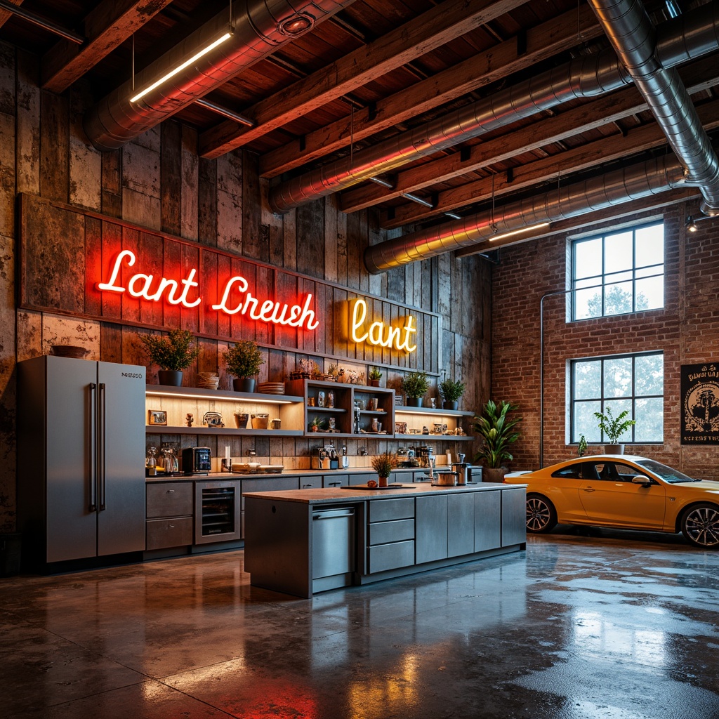 Prompt: Vibrant garage interior, bold color scheme, rich wood tones, metallic accents, neon signs, glowing LED lights, industrial-chic concrete floors, exposed ductwork, sleek metal cabinets, modern epoxy countertops, bright citrus hues, deep blues, warm yellows, rusty oranges, weathered steel beams, distressed finishes, urban loft atmosphere, high-contrast lighting, dramatic shadows, 1/2 composition, cinematic framing, realistic reflections.