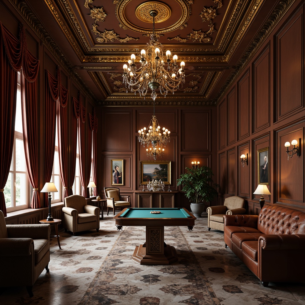 Prompt: Richly ornamented game room, intricately carved wooden panels, polished marble floors, opulent velvet drapes, gilded moldings, ornate chandeliers, luxurious leather sofas, studded armchairs, elegant wooden tables, refined metal accents, subtle warm lighting, soft focus blur, cinematic composition, dramatic shadows, atmospheric fog, neoclassical architecture, symmetrical layout, grandiose scale, lavish decorations, aristocratic ambiance.