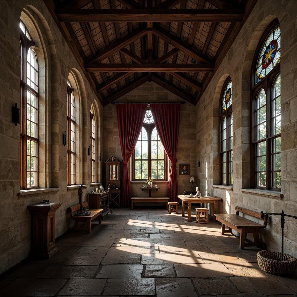 Prompt: Austere monastery interior, postmodern architectural style, rough-hewn stone walls, vaulted ceilings, ornate wooden accents, distressed metal fixtures, rich velvet drapes, intricate stained glass windows, warm candlelight, atmospheric shadows, rustic wooden benches, worn stone flooring, minimalist decor, subtle spiritual symbols, earthy color palette, muted natural light, 1/2 composition, soft focus, ambient occlusion.