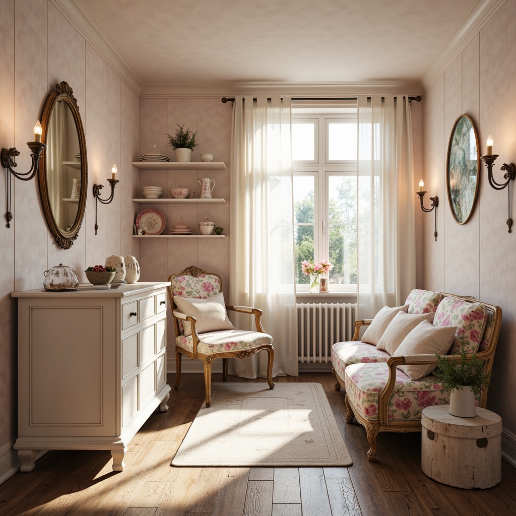 Prompt: Soft feminine interiors, distressed finishes, vintage decor, pastel hues, gentle blush tones, creamy whites, warm beige accents, subtle gold hardware, ornate furniture, floral patterns, lace textures, delicate china, rustic wood floors, natural light pouring in, sheer curtains blowing softly, romantic ambiance, warm candlelight, inviting atmosphere, soft focus, 3/4 composition, whimsical details, realistic render.