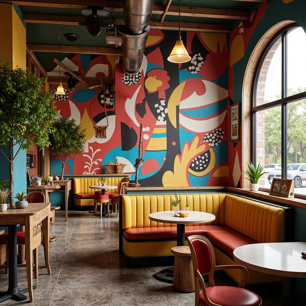 Prompt: Vibrant breakfast nook, bold geometric shapes, eclectic mix of patterns, bright pop art colors, curvaceous lines, playful sculptural forms, distressed wood textures, industrial metal accents, retro-inspired diner chairs, rounded edged tables, ornate lighting fixtures, whimsical decorative accessories, lush greenery, natural stone flooring, warm cozy atmosphere, soft diffused lighting, shallow depth of field, 1/1 composition, realistic textures, ambient occlusion.