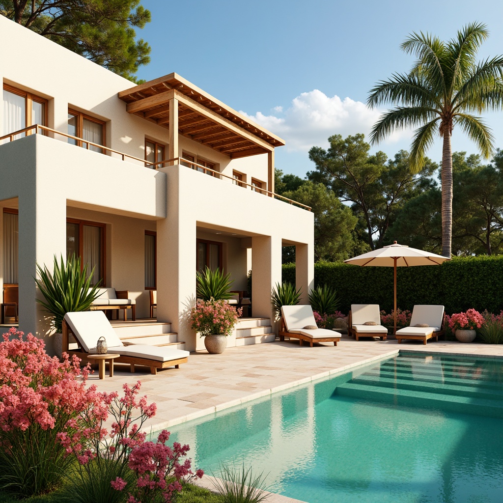 Prompt: Luxurious villa, warm beige exterior walls, elegant cream-colored columns, rich brown wooden accents, soft mint green shutters, vibrant coral pink flowers, lush tropical gardens, crystal clear turquoise pool waters, sunny cloudless sky, golden warm lighting, shallow depth of field, 1/2 composition, realistic textures, ambient occlusion.