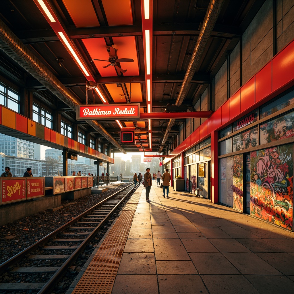 Prompt: Vibrant train station, postmodernist architecture, bold color blocking, bright neon lights, exposed ductwork, industrial metal beams, urban cityscape, bustling crowds, eclectic mix of materials, distressed concrete walls, graffiti art, retro-futuristic accents, nostalgic signage, dynamic angular shapes, playful typography, bold graphic patterns, warm golden lighting, high-contrast shadows, 1/2 composition, dramatic low-angle shot, cinematic atmosphere, gritty textures.