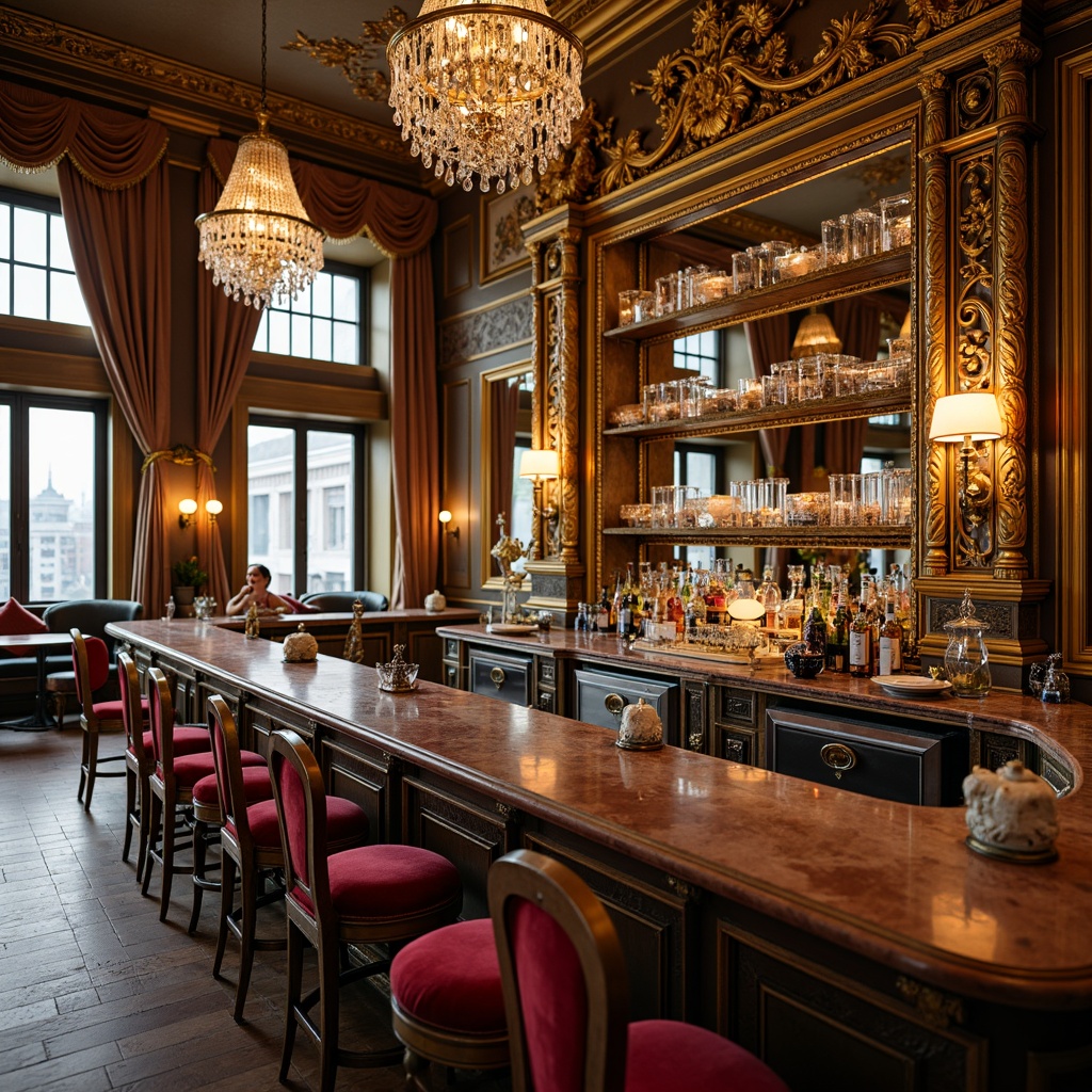 Prompt: Ornate Rococo bar counter, golden accents, intricately carved wooden panels, velvet upholstery, crystal chandeliers, lavish furnishings, rich brown marble countertops, ornamental mirrors, gilded frames, delicate filigree patterns, soft warm lighting, shallow depth of field, 1/1 composition, realistic textures, ambient occlusion.