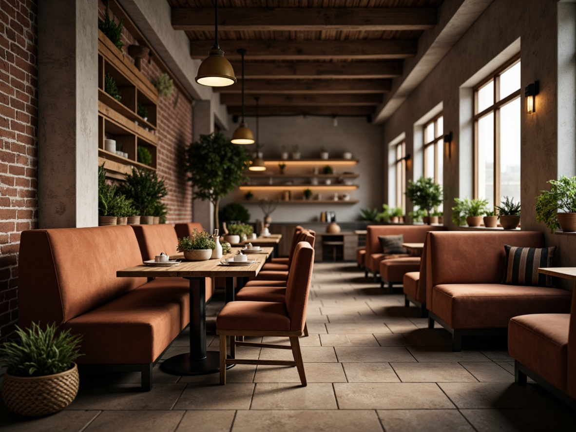 Prompt: Rustic wooden chairs, velvet upholstery, reclaimed wood tables, industrial metal legs, comfortable booths, vintage pendant lights, exposed brick walls, earthy color palette, natural textiles, woven baskets, potted plants, warm ambient lighting, soft background music, 1/1 composition, shallow depth of field, realistic renderings.