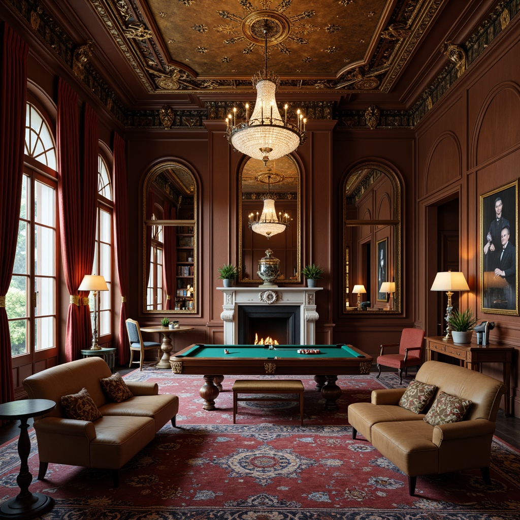 Prompt: Richly ornamented game room, luxurious velvet drapes, intricately carved wooden panels, gilded mirrors, ornate crystal chandeliers, majestic stone fireplaces, neoclassical columns, refined leather sofas, elegant coffee tables, sophisticated bookshelves, lavish rugs, subtle warm lighting, dramatic shadows, 1/1 composition, symmetrical layout, realistic textures, ambient occlusion.