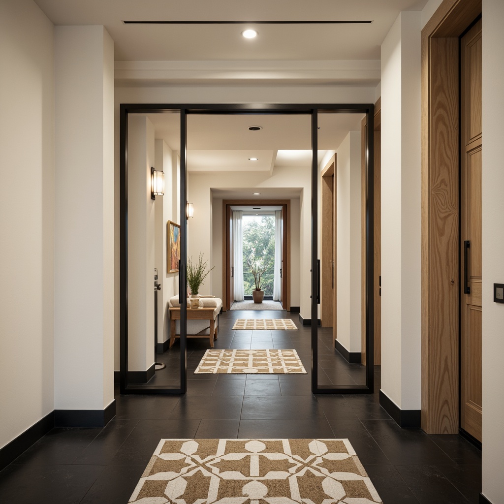 Prompt: Modern entrance hall, sleek glass doors, polished chrome hardware, matte black flooring, creamy white walls, warm beige accents, natural wood tones, geometric patterned rugs, minimalist lighting fixtures, soft diffused illumination, 1/1 composition, realistic reflections, subtle gradient effects, ambient occlusion.