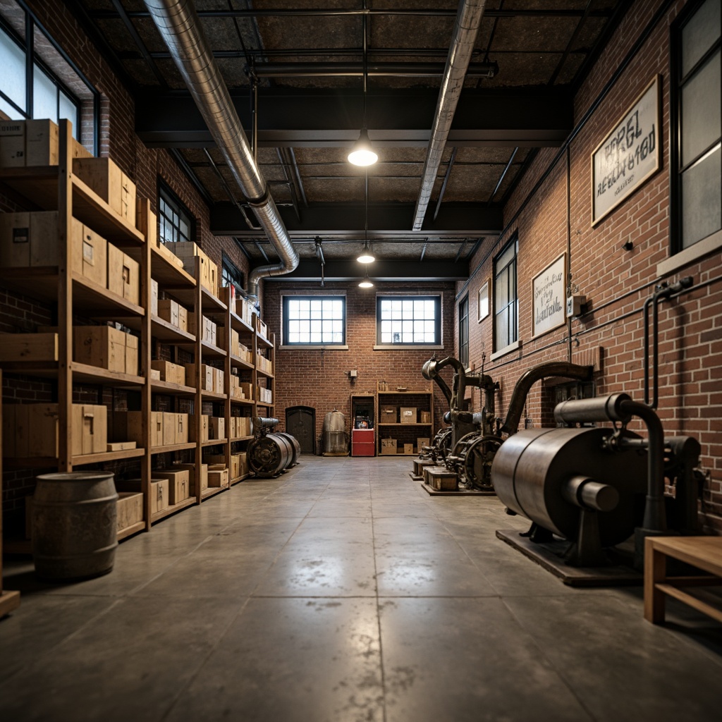 Prompt: Industrial storage room, exposed metal pipes, concrete floors, urban aesthetic, distressed brick walls, reclaimed wood shelves, metal beams, functional lighting, raw unfinished textures, gritty atmosphere, urban industrial chic, open shelving units, vintage factory machinery, worn wooden crates, rusty metal drums, dim warm lighting, high ceilings, 3/4 composition, shallow depth of field.