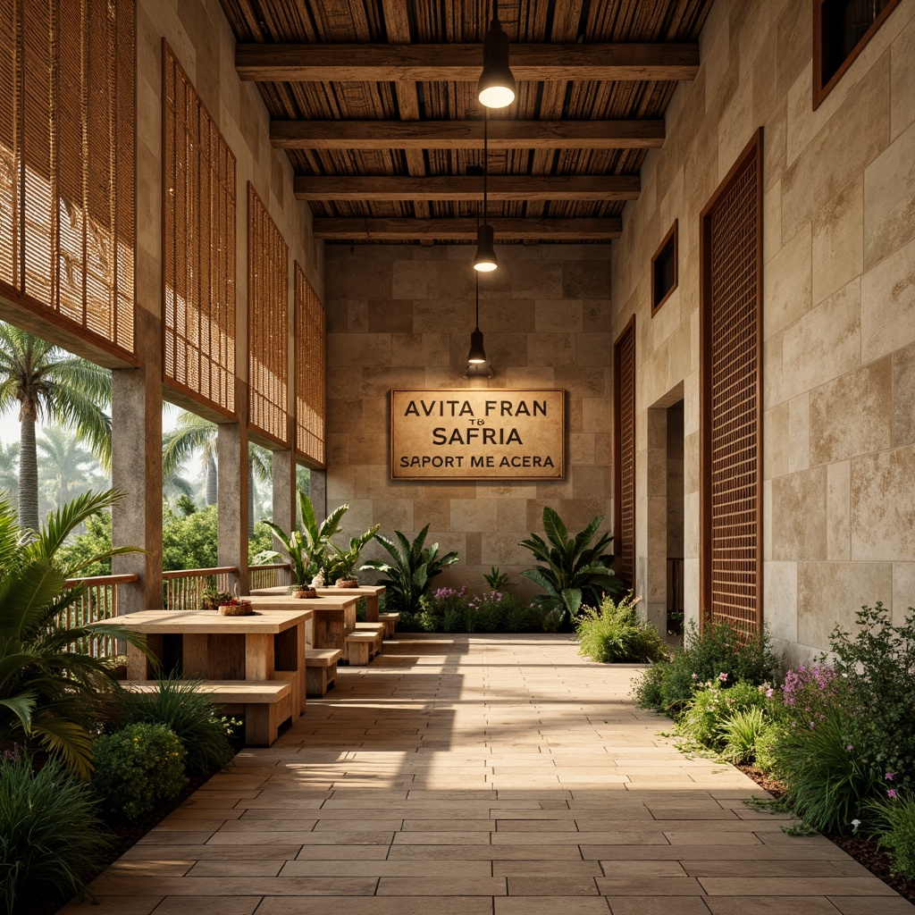 Prompt: Earth-toned safari walls, natural stone accents, woven rattan panels, reclaimed wood planks, distressed metal meshes, vintage-inspired zoo signage, mid-century modern typography, tropical leaf patterns, organic shapes, warm beige colors, soft diffused lighting, shallow depth of field, 2/3 composition, realistic textures, ambient occlusion.