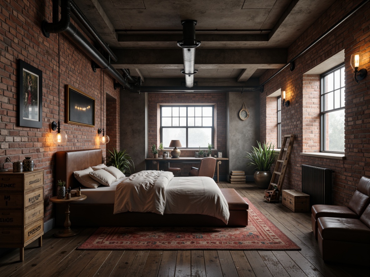 Prompt: Exposed brick walls, metal beams, reclaimed wood flooring, industrial-chic lighting fixtures, vintage machinery parts, distressed leather furniture, urban loft-style decor, modern minimalist bedding, metallic accents, concrete ceilings, Edison bulb lamps, factory-inspired decorative accessories, weathered wooden crates, moody dark color palette, atmospheric foggy lighting, shallow depth of field, 1/1 composition, realistic textures, ambient occlusion.