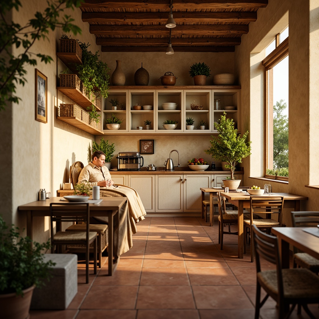 Prompt: Cozy breakfast nook, warm beige walls, soft golden lighting, rustic wooden tables, vintage metal chairs, earthy terracotta floors, woven wicker baskets, lush greenery, natural linen fabrics, creamy white cabinets, distressed wood accents, warm cinnamon colors, inviting aroma, shallow depth of field, 1/1 composition, realistic textures, ambient occlusion.