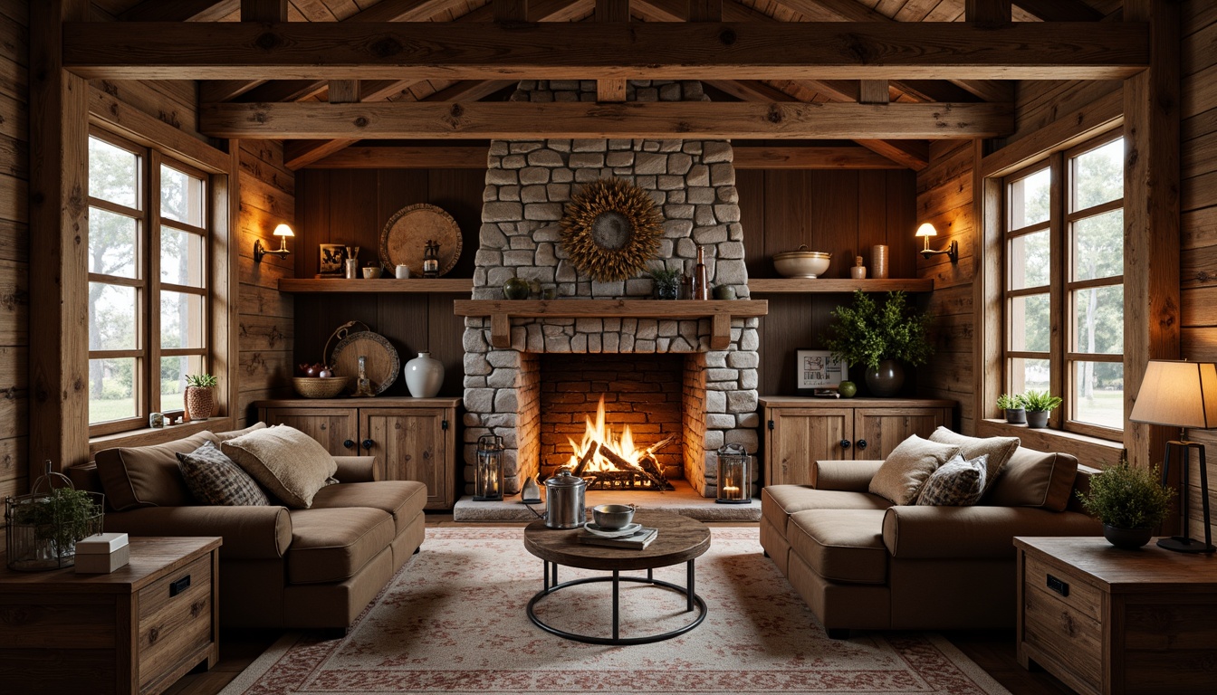 Prompt: Rustic cabin, wooden accents, exposed beams, natural textures, earthy tones, cozy atmosphere, warm lighting, stone fireplace, plush furnishings, vintage decor, wooden crates, woven baskets, distressed wood, metal lanterns, soft warm colors, 3/4 composition, shallow depth of field, realistic textures, ambient occlusion.