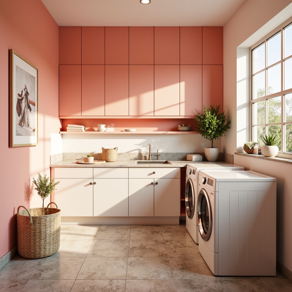 Prompt: Vibrant laundry room, pastel color scheme, soft peach walls, creamy white cabinets, bright coral accents, stainless steel appliances, modern minimalist decor, natural stone flooring, plenty of sunlight, airy atmosphere, gentle warm lighting, shallow depth of field, 1/1 composition, realistic textures, ambient occlusion.