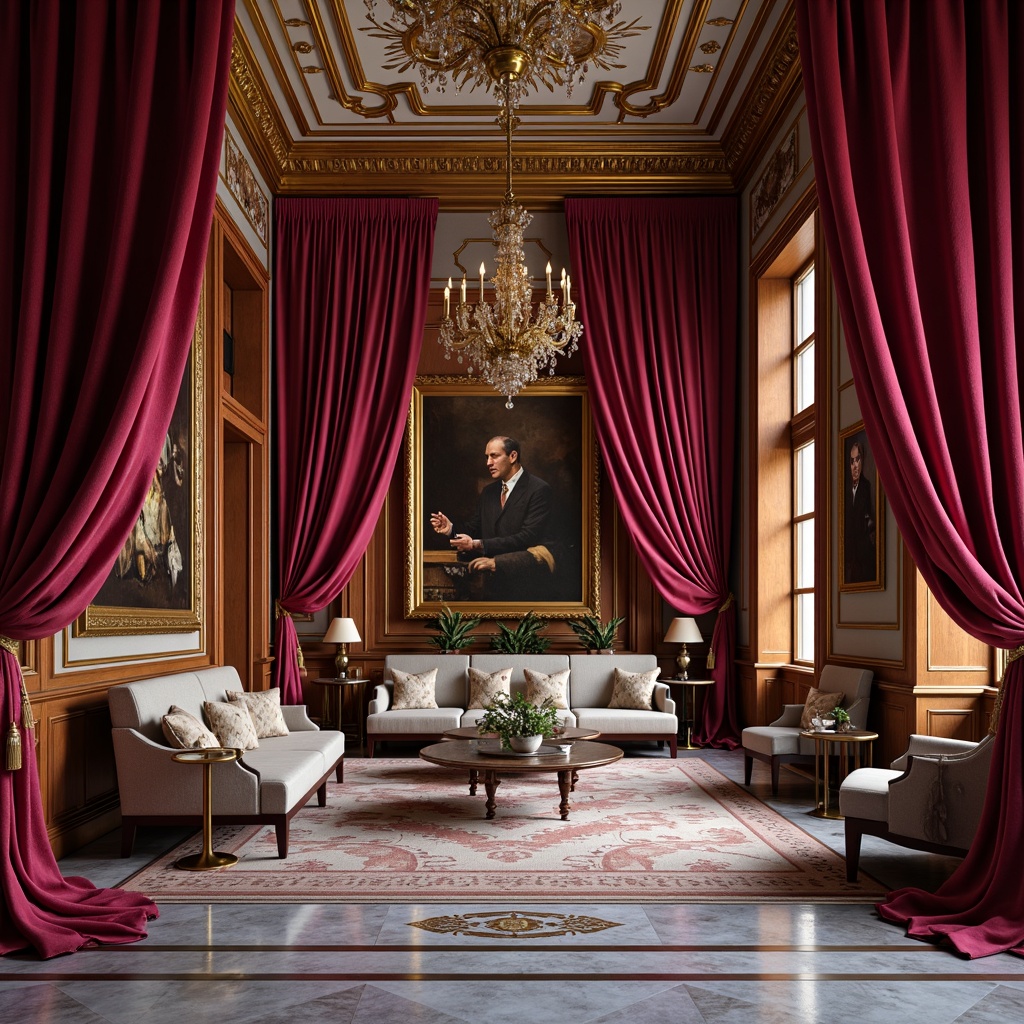 Prompt: Rich velvet drapes, ornate gold frames, luxurious crimson reds, deep jewel-toned blues, soft creamy whites, warm honeywood tones, intricate marble patterns, gilded accents, lavish chandeliers, opulent furnishings, regal purple hues, dramatic lighting, shallow depth of field, 1/2 composition, symmetrical balance, ornate architectural details, realistic textures, ambient occlusion.