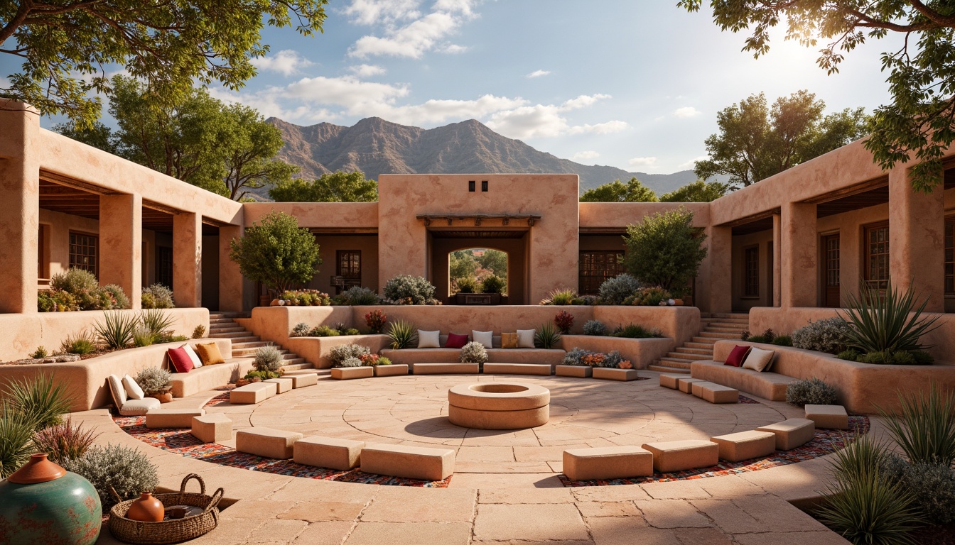 Prompt: Southwestern amphitheater, adobe-style architecture, earthy tones, terracotta pottery, vibrant turquoise accents, intricate geometric patterns, natural stone seating, rustic wooden beams, woven textiles, colorful serape blankets, desert flora, cacti plants, warm sunny day, soft golden lighting, shallow depth of field, 3/4 composition, panoramic view, realistic textures, ambient occlusion.