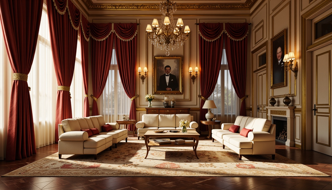 Prompt: Rich velvet drapes, ornate golden frames, warm beige walls, polished mahogany furniture, intricate marble floors, soft cream-colored upholstery, luxurious crimson accents, subtle ivory highlights, dramatic chandelier lighting, Baroque-inspired patterns, refined Rococo details, opulent Renaissance-era motifs, mysterious atmospheric fog, cinematic shallow depth of field, 2/3 composition, warm golden hour lighting, realistic texture rendering.