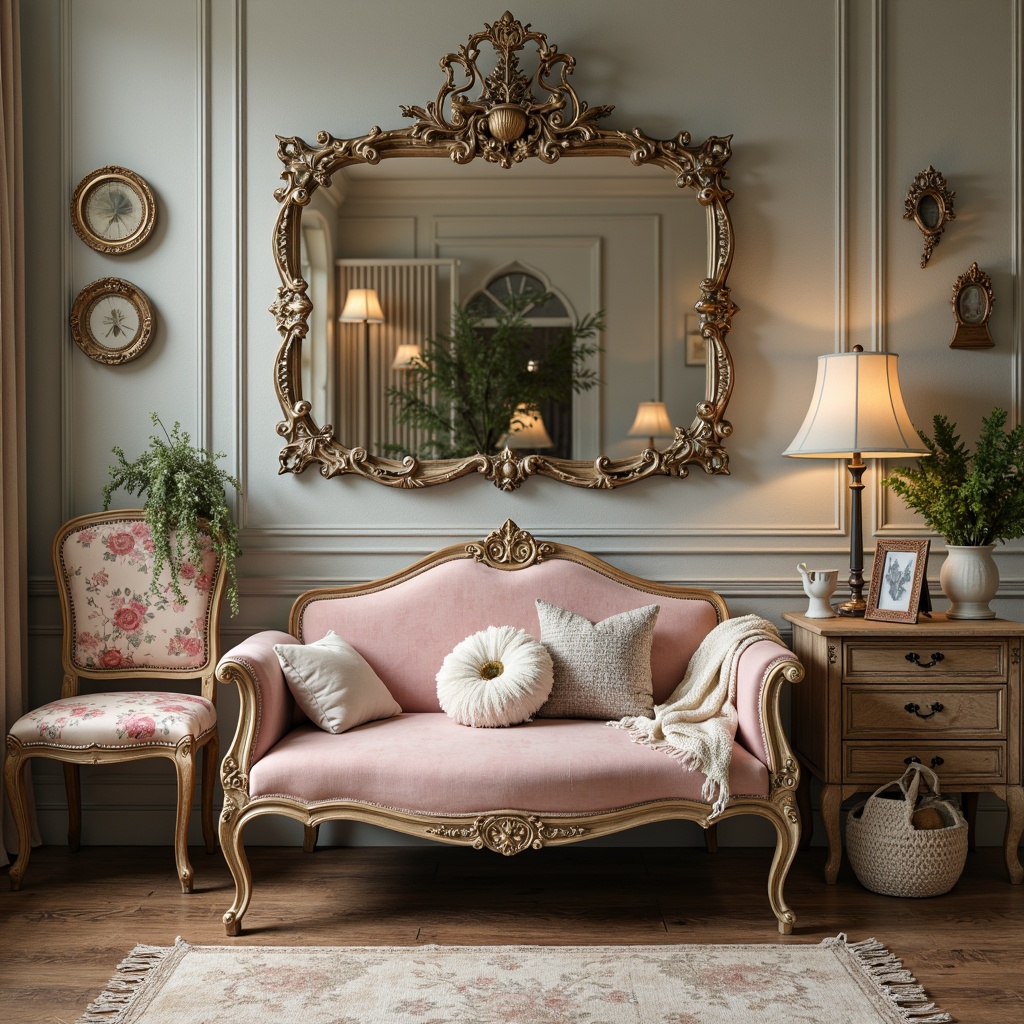 Prompt: Vintage distressed furniture, soft pastel colors, lace details, rustic wooden textures, antique hardware, floral patterns, velvet upholstery, ornate mirrors, feminine accents, delicate carvings, whimsical accessories, romantic ambiance, warm candlelight, subtle color palette, cozy throw blankets, natural fabrics, worn edges, faded elegance, rustic charm, eclectic decor, distressed finishes.