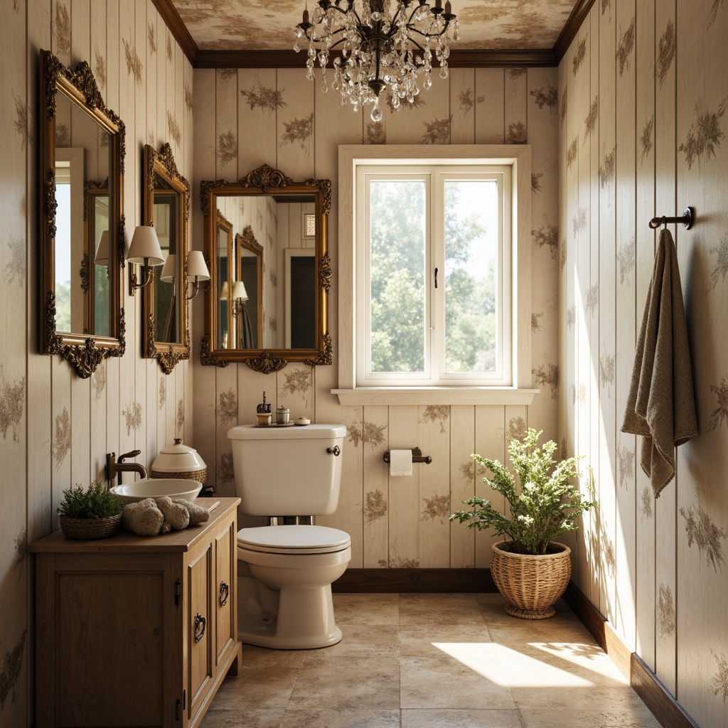 Prompt: Rustic powder room, distressed wood panels, soft cream walls, ornate gold mirror frames, vintage floral patterns, delicate lace trim, antique furniture pieces, elegant crystal chandeliers, warm beige stone floors, natural light pouring in, subtle shadows, 1/2 composition, intimate close-up shots, realistic textures, ambient occlusion.Let me know if you need any adjustments!