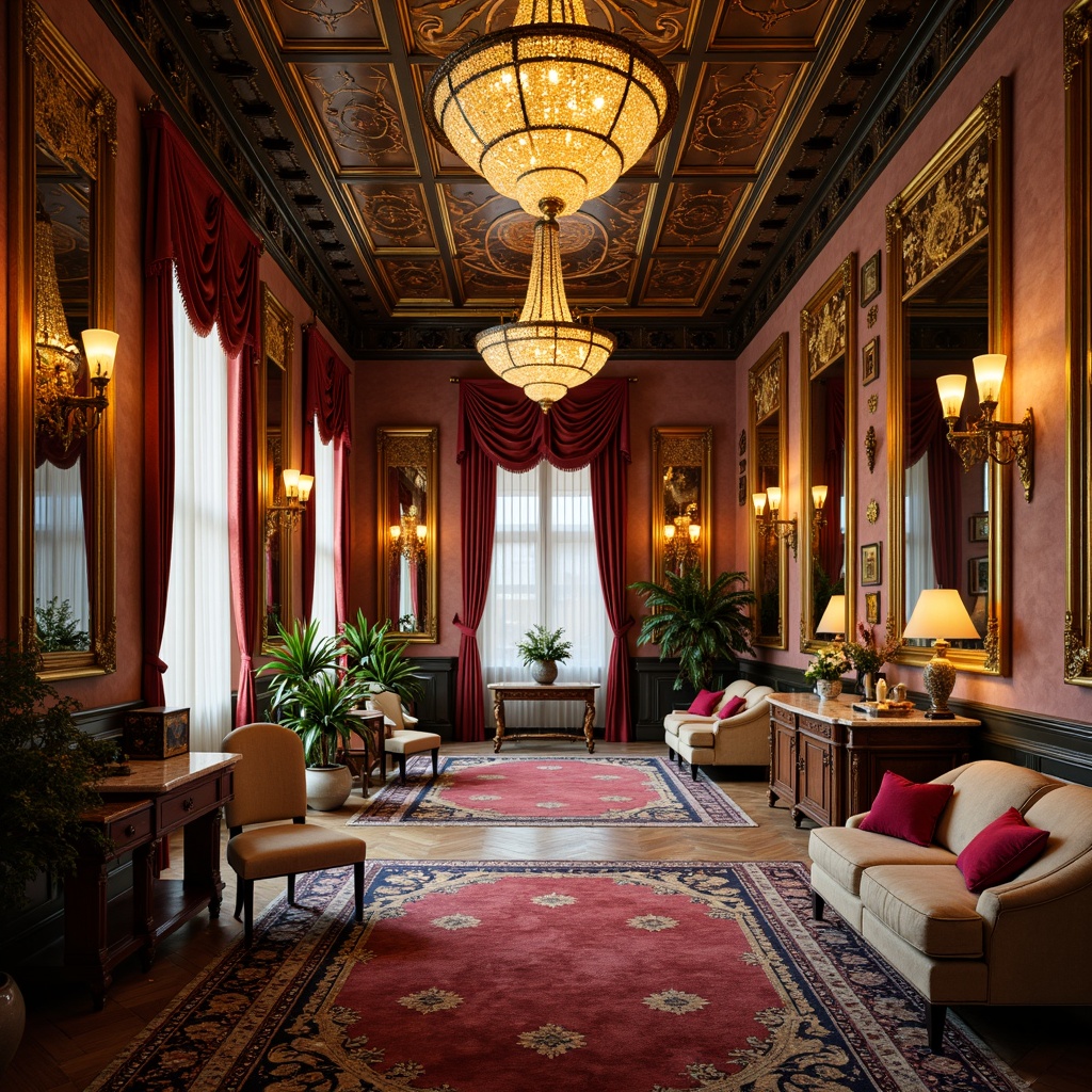 Prompt: Luxurious interior space, ornate chandeliers, lavish furnishings, intricate carvings, patterned rugs, gilded frames, opulent fabrics, bejeweled accessories, marble countertops, crystal lighting fixtures, ornamental mirrors, sculptural decor, vibrant colorful accents, textured wallpaper, dramatic drapery, warm golden lighting, shallow depth of field, 1/1 composition, realistic reflections, ambient occlusion.