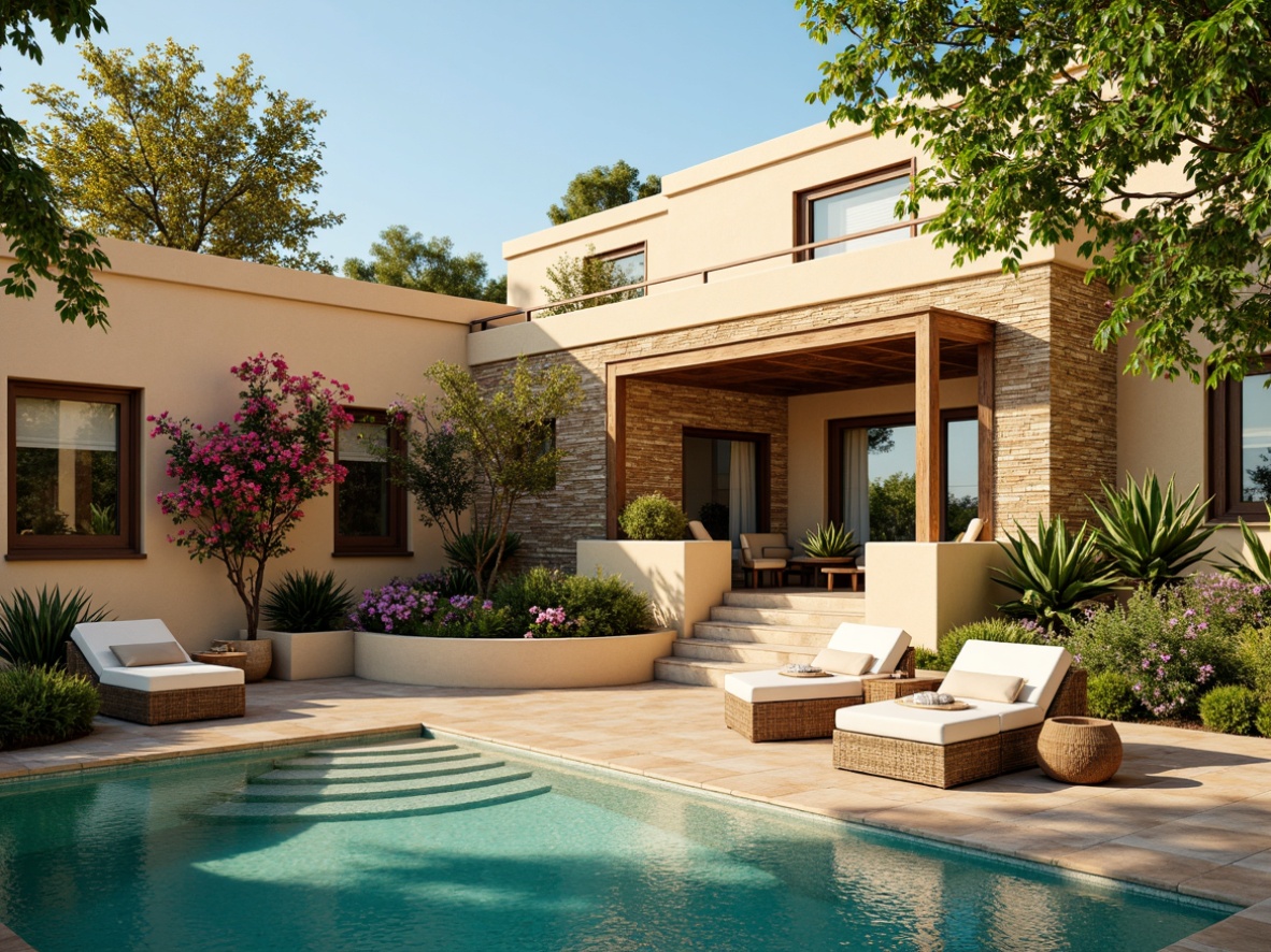 Prompt: Luxurious villa, Mediterranean style, warm beige walls, rustic stone accents, lush greenery, turquoise pool waters, vibrant bougainvillea flowers, wooden outdoor furniture, natural rattan textures, soft golden lighting, warm afternoon sun, shallow depth of field, 3/4 composition, panoramic view, realistic reflections, ambient occlusion.