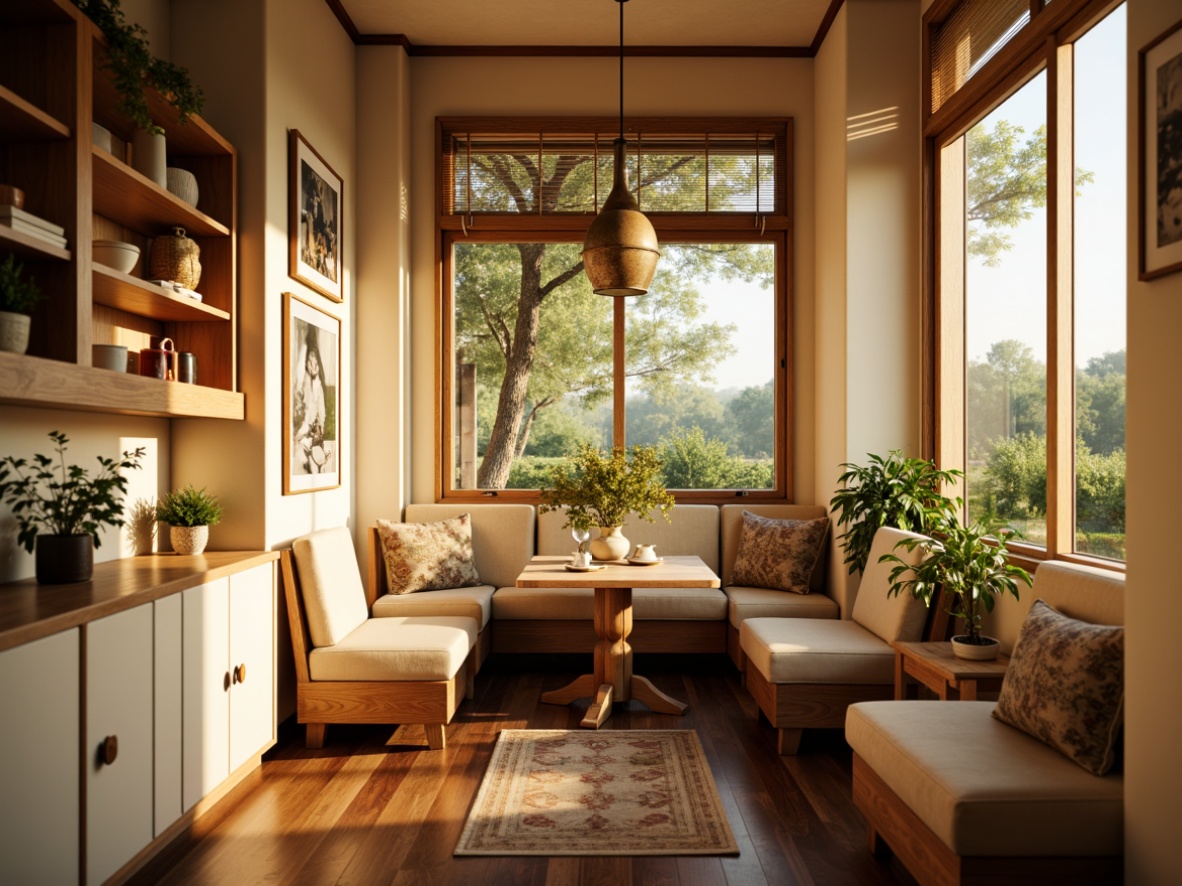 Prompt: Cozy breakfast nook, warm beige walls, soft golden lighting, natural wood tones, vintage decorative accents, plush throw pillows, creamy white cabinets, rich brown wooden tables, delicate porcelain vases, lush greenery, bright sunny morning, shallow depth of field, 1/1 composition, intimate atmosphere, warm textures, inviting colors.