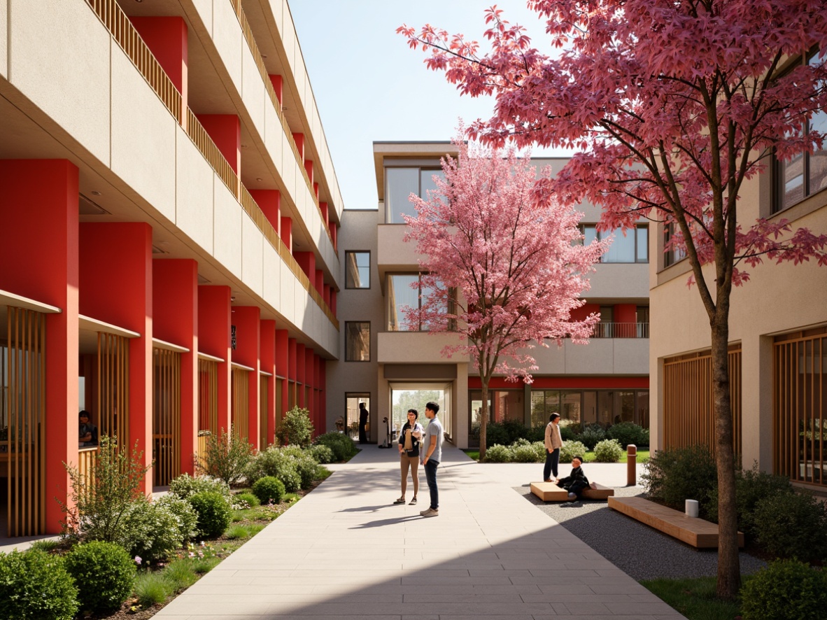 Prompt: Vibrant Asian-inspired middle school, bold red accents, warm beige walls, rich wood tones, subtle gold details, lush greenery, blooming cherry blossoms, modern architecture, large windows, natural light, soft warm lighting, shallow depth of field, 3/4 composition, realistic textures, ambient occlusion.