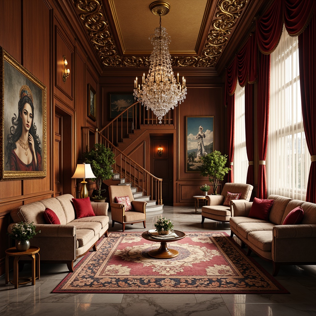 Prompt: Luxurious interior space, ornate furnishings, intricately carved wooden panels, sparkling crystal chandeliers, plush velvet upholstery, gilded picture frames, delicate lace curtains, richly patterned rugs, statement artwork pieces, opulent marble floors, grandiose staircases, lavish drapery, warm golden lighting, 1/2 composition, shallow depth of field, soft focus effect, realistic textures.