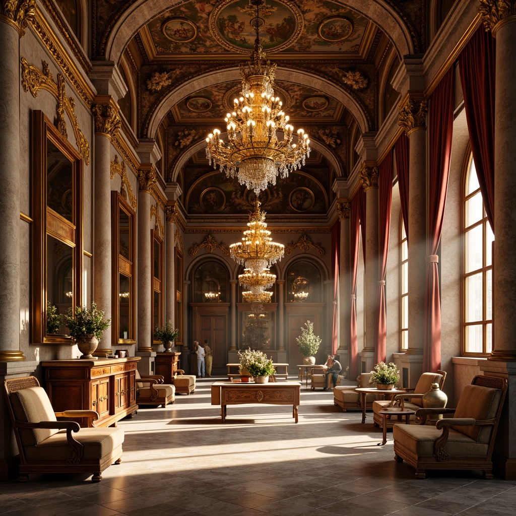 Prompt: Grand Renaissance palace, ornate chandeliers, warm golden lighting, velvet drapes, intricately carved wooden furnishings, lavish frescoes, high ceilings, majestic stone columns, rich tapestries, antique vases, ornamental mirrors, soft box lights, 1/1 composition, subtle gradient maps, realistic reflections, ambient occlusion.