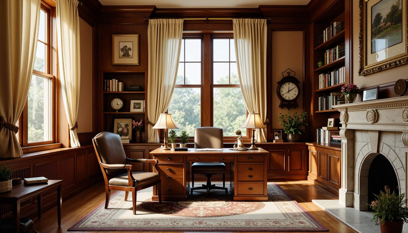 Prompt: Cozy home office, traditional wooden desk, leather office chair, rich wood paneling, warm beige walls, soft cream-colored curtains, vintage metal lamps, classic bookshelves, ornate picture frames, elegant clock, plush area rug, natural stone fireplace, comfortable reading nook, warm task lighting, shallow depth of field, 1/1 composition, realistic textures, ambient occlusion.