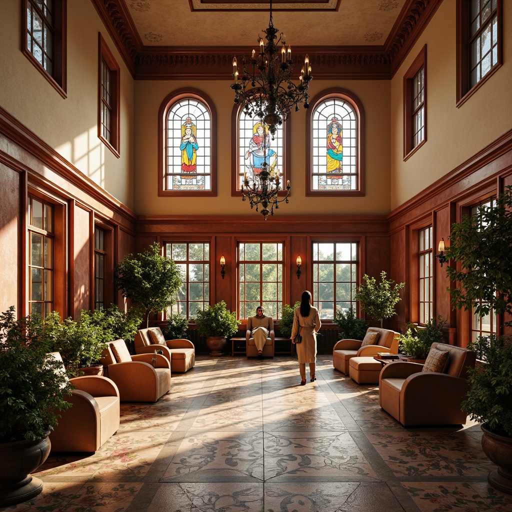 Prompt: Elegant Victorian community center, rich wood tones, ornate moldings, stained glass windows, warm beige walls, soft crimson accents, antique bronze fixtures, lush greenery, vibrant floral patterns, natural stone flooring, intricate tile work, grand chandeliers, dramatic high ceilings, warm golden lighting, shallow depth of field, 1/1 composition, realistic textures, ambient occlusion.