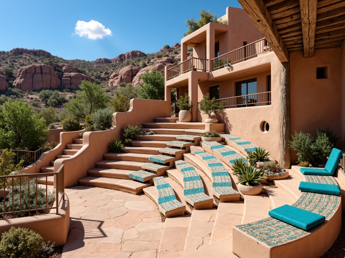 Prompt: Southwestern amphitheater, tiered seating, natural stone steps, curved wooden benches, vibrant turquoise accents, woven textiles, geometric patterns, desert landscape, cacti plants, sunny day, clear blue sky, dramatic rock formations, rustic metal railings, reclaimed wood details, earthy color palette, warm soft lighting, shallow depth of field, 3/4 composition, panoramic view, realistic textures, ambient occlusion.