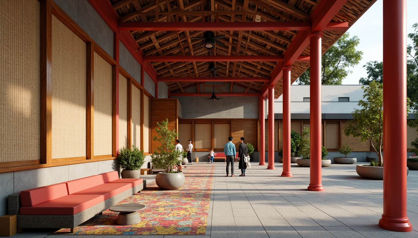 Prompt: Vibrant Asian-inspired middle school, traditional Japanese shoji screens, natural wood accents, woven bamboo walls, colorful ceramic tiles, textured concrete finishes, bold red columns, intricate wooden carvings, ornate metalwork, lush greenery, potted bonsai trees, soft warm lighting, shallow depth of field, 3/4 composition, panoramic view, realistic textures, ambient occlusion.