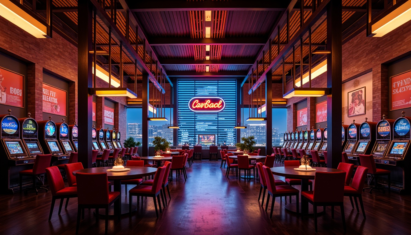 Prompt: Neon-lit casino interior, industrial-chic decor, exposed brick walls, metal beams, reclaimed wood accents, vintage slot machines, luxurious velvet fabrics, bold neon signs, metallic gold tones, deep crimson reds, electric blues, urban cityscape views, nighttime ambiance, dramatic high-contrast lighting, cinematic atmosphere, 1-point perspective composition, shallow depth of field, realistic reflections, ambient occlusion.