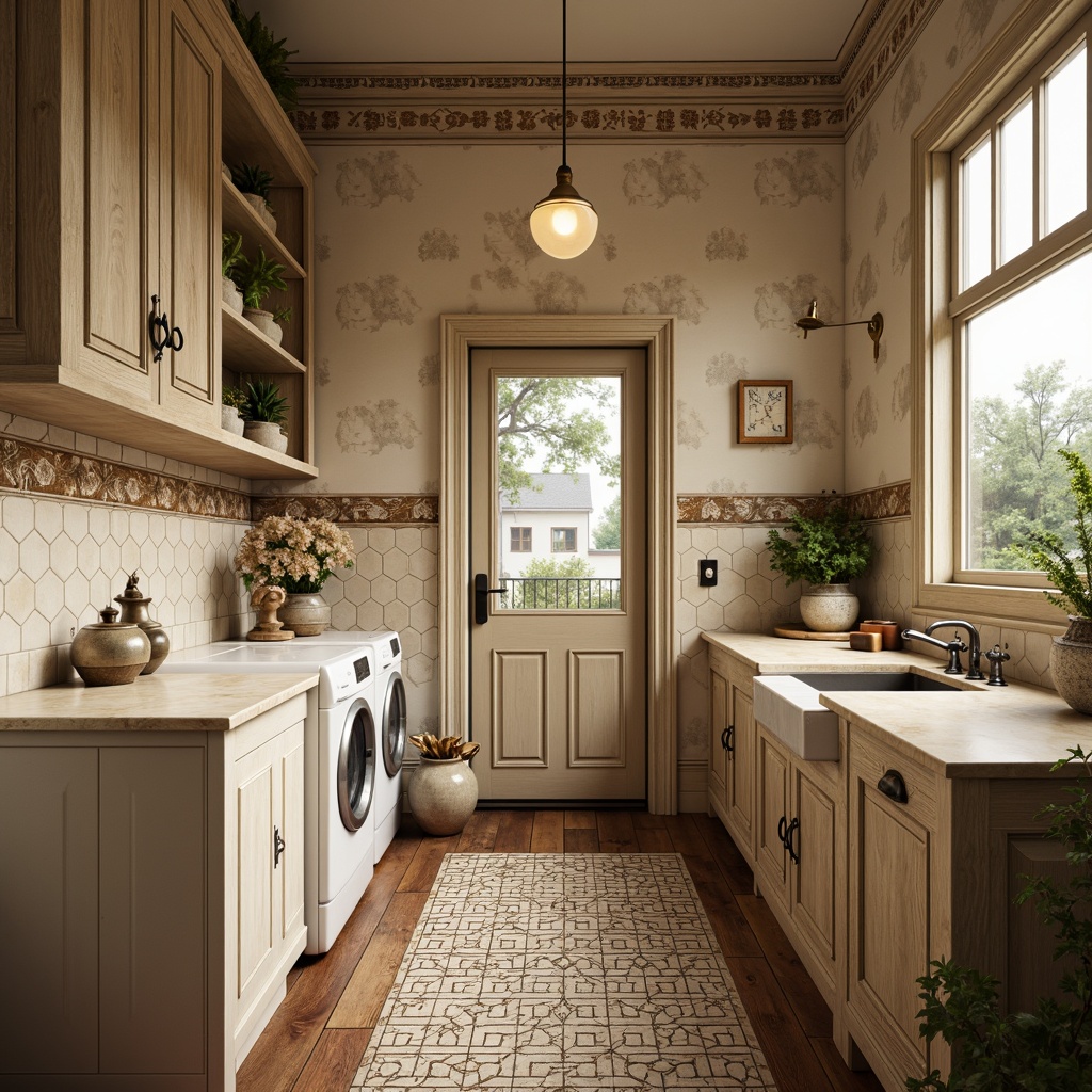 Prompt: \Victorian-style laundry room, ornate decorative tiles, hexagonal mosaic patterns, rich wood flooring, warm beige tones, elegant ceramic accents, antique bronze fixtures, distressed wooden cabinets, vintage-inspired wallpaper, soft natural lighting, warm creamy colors, classic 3/4 composition, realistic textures, ambient occlusion.\