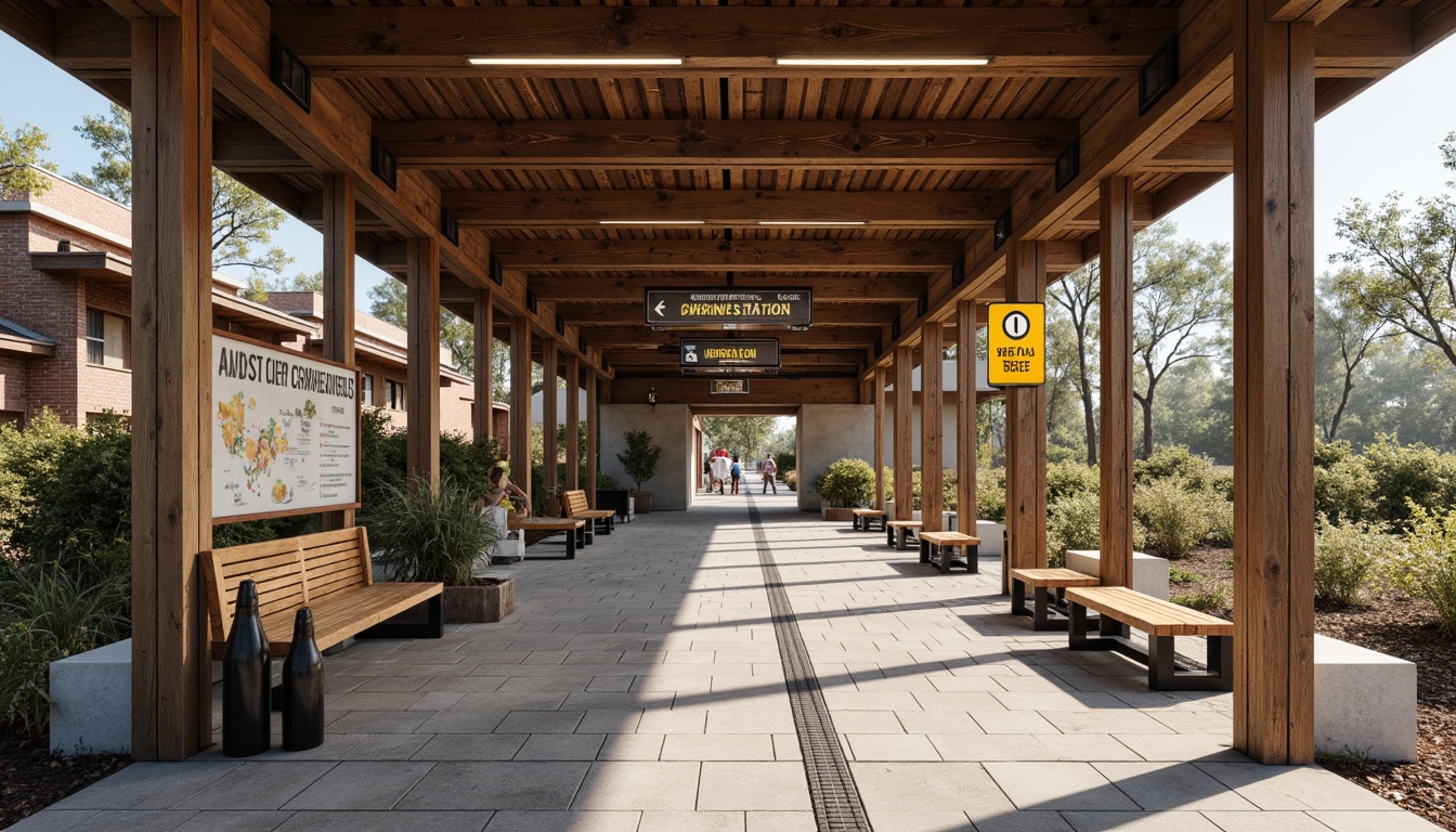 Prompt: Rustic bus station, earthy tones, wooden accents, vintage signage, distressed finishes, clear navigation, bold typography, bright color schemes, easy-to-read directions, intuitive information display, natural stone flooring, exposed brick walls, modern minimalist benches, overhead lighting, soft shadows, shallow depth of field, 1/1 composition, panoramic view, realistic textures, ambient occlusion.