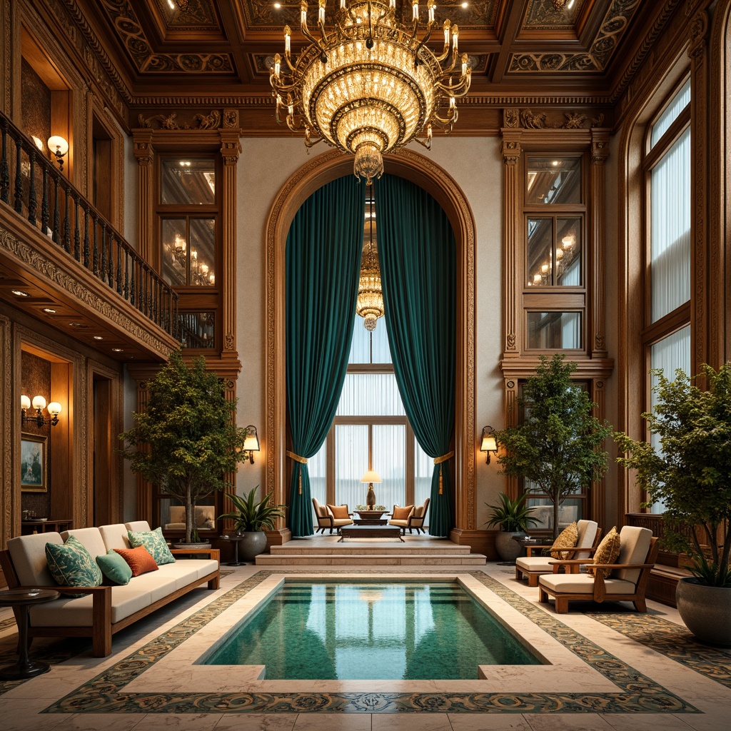 Prompt: Opulent luxury villa, intricately carved wooden doors, ornate golden fixtures, lavish crystal chandeliers, rich velvet drapes, intricate mosaic patterns, vibrant turquoise accents, exotic marble floors, grand staircases, sweeping archways, dramatic ceiling heights, warm ambient lighting, soft focus lens, 1/2 composition, atmospheric perspective, realistic material textures.