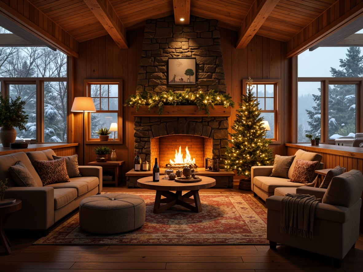 Prompt: Warm living room, crackling fireplace, rustic wooden mantel, plush armchairs, soft cushions, warm lighting, golden brown walls, cozy textiles, natural stone flooring, earthy tones, autumnal colors, snowflakes falling outside, frosty windows, steaming hot chocolate, family gatherings, festive decorations, Christmas trees, twinkling fairy lights, relaxing ambiance, shallow depth of field, 1/2 composition, warm color palette, inviting atmosphere.