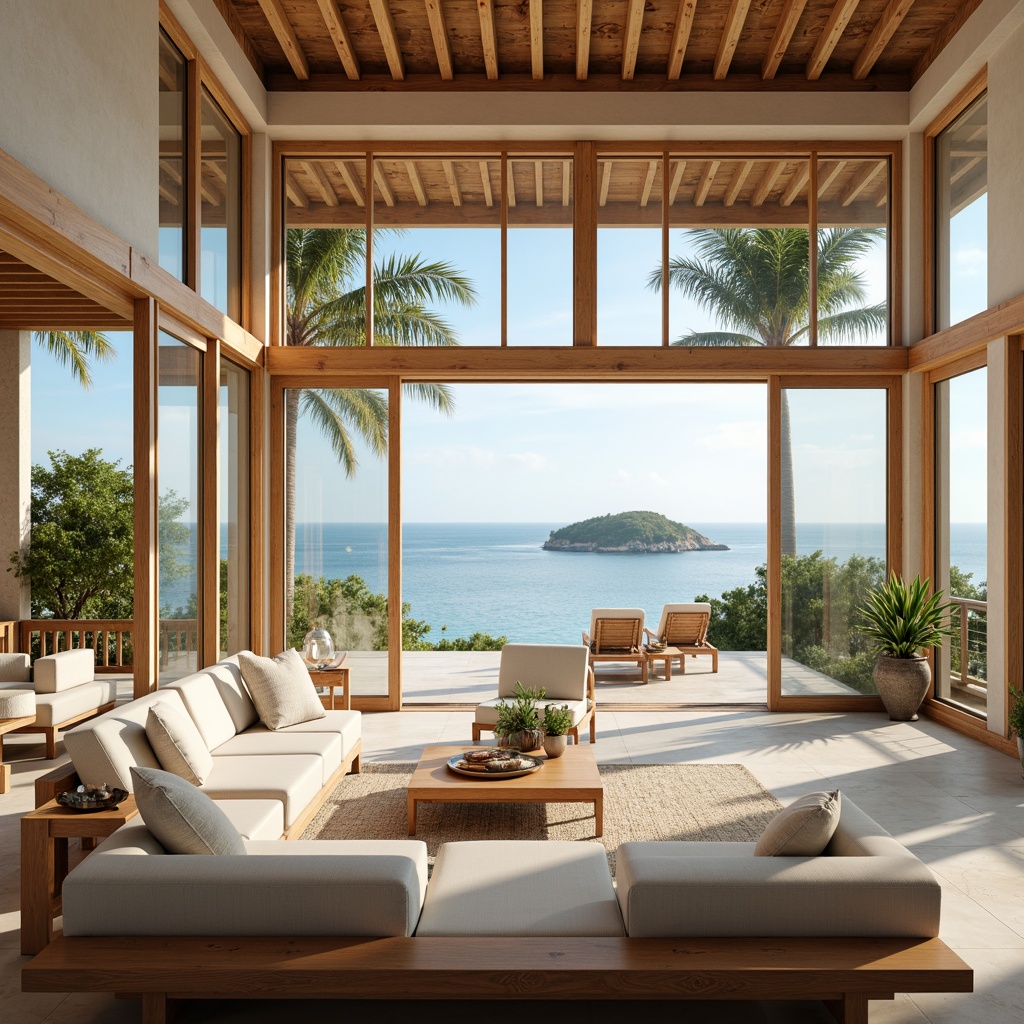 Prompt: Breezy coastal villa, open-plan living area, high ceilings, floor-to-ceiling windows, sliding glass doors, natural wood accents, beachy color palette, comfortable lounge seating, minimalist decor, nautical-themed accessories, ocean views, sunny day, soft warm lighting, shallow depth of field, 1/1 composition, panoramic view, realistic textures, ambient occlusion.